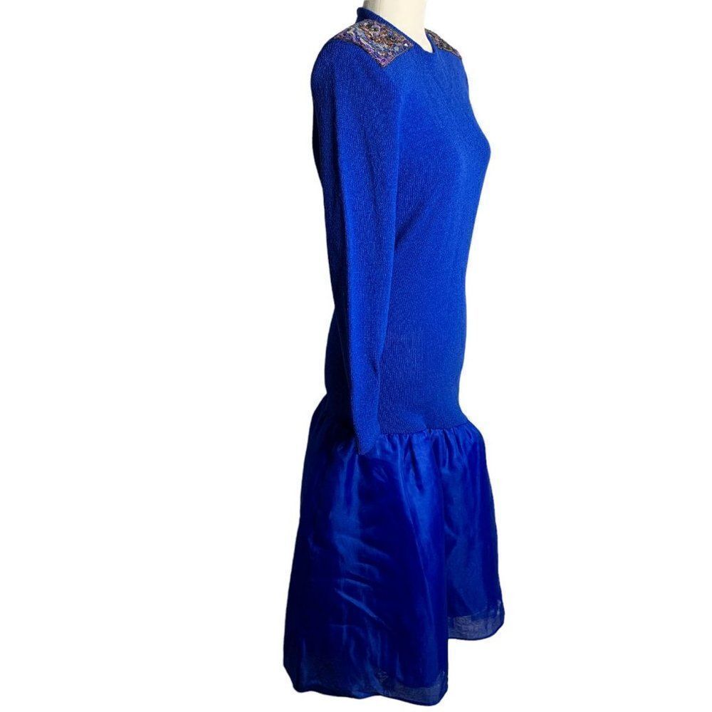 Vintage Donna Michele Dropped Waist Dress S Blue Knit Sequin Tulle Petti Skirt - Picture 4 of 10